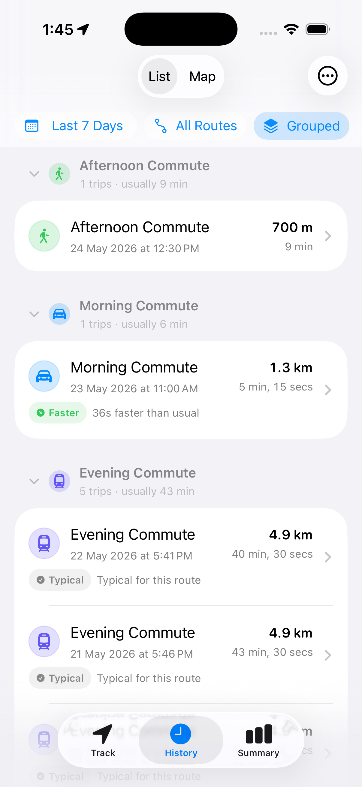 History list showing grouped commute trips